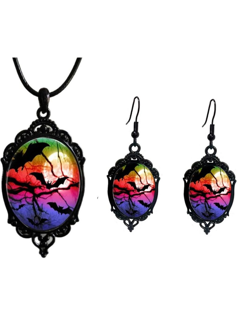 Vintage Gothic Raven Bat Witch Jewelry Set Cameo Necklace Earrings-B4:Color Bat